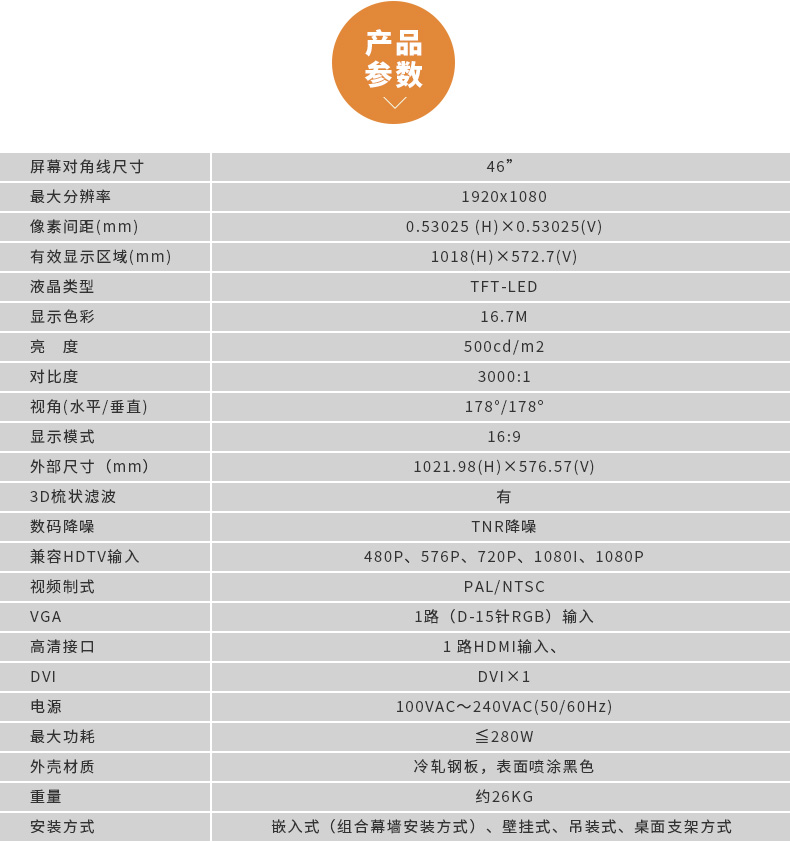 原裝工業(yè)液晶拼接屏三星LG46寸電視墻無縫顯示大屏產(chǎn)品參數(shù)